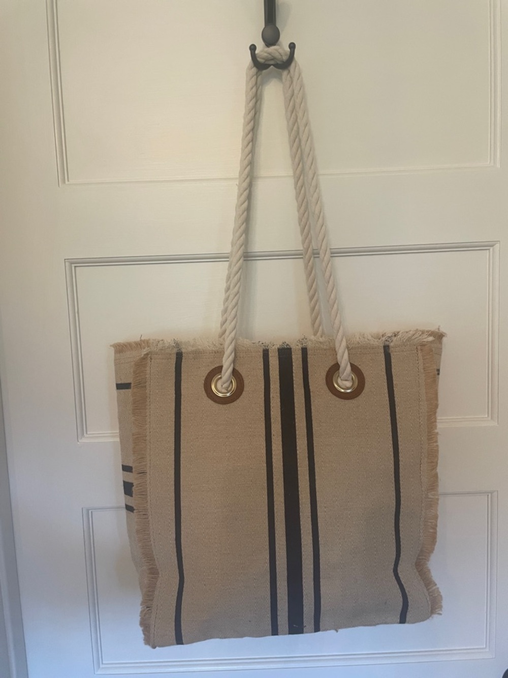 Striped Rope Handle Beach Tote‎ Bag - Beige